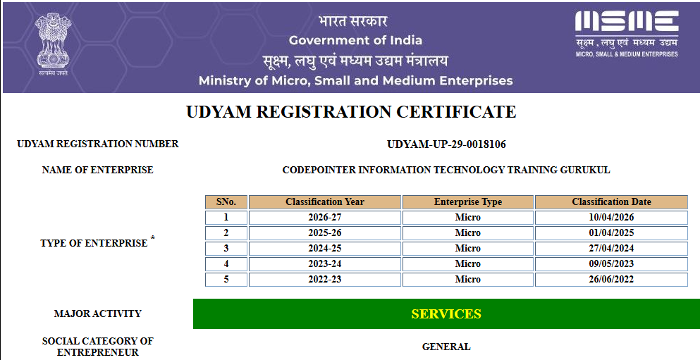 CodePointer Udyam MSME Registration Certificate